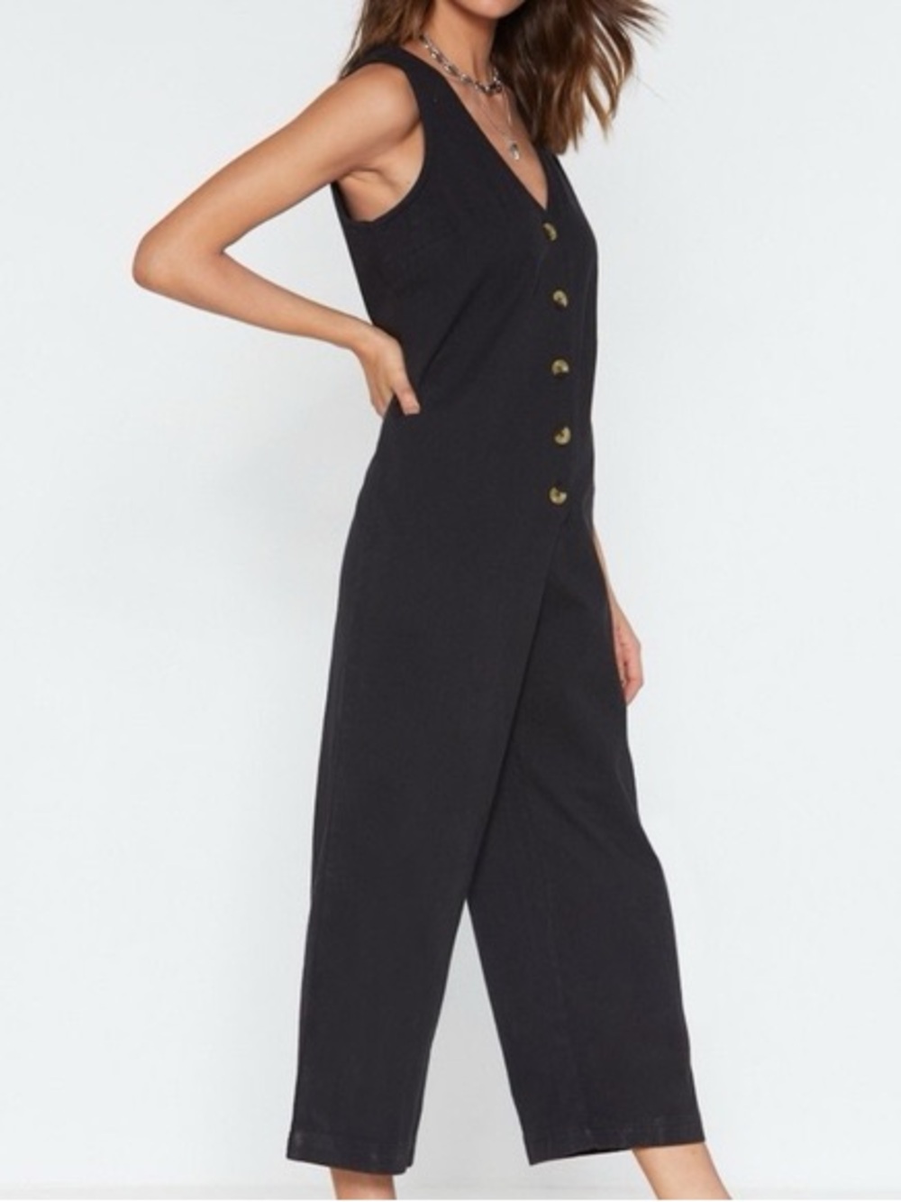 Modcloth Black Linen Blend Sleeveless Button-Front Wide-Leg Jumpsuit